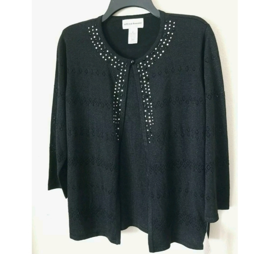 Alfred Dunner Women's Pointelle Mock Layer Embellished Sweater Black NWT Size M